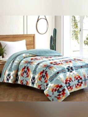 Pendleton Twin Size Sherpa Blanket Legend Lake Aqua Pattern Southwest Geometric